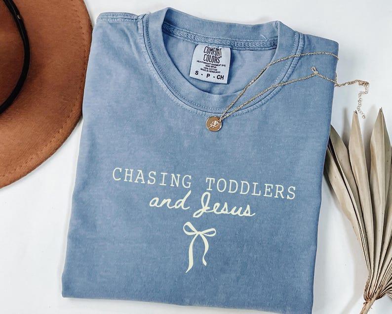 The "Chasing Toddlers & Jesus" Everyday Tee -  Christian Mom Shirt with Coquette Bow Detail